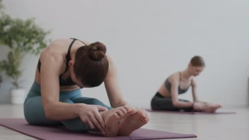 Women Perform Seated Forward Fold Yoga Stretch