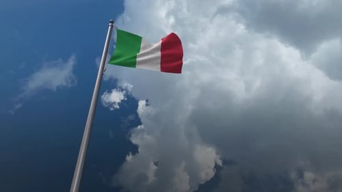 Realistic Italian Flag Waving in Blue Sky with Clouds