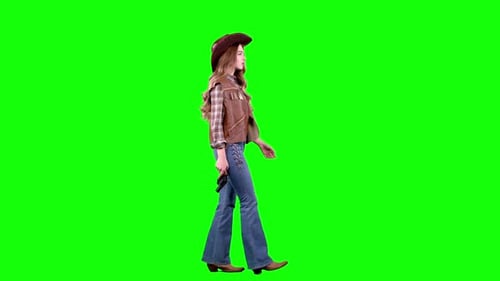 Woman in Cowboy Hat Walks with Handgun on Green Screen