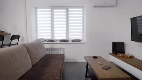 Nordic Style in Interior of Small Cozy Apartment, Moving View on Living Room with Resting Zone