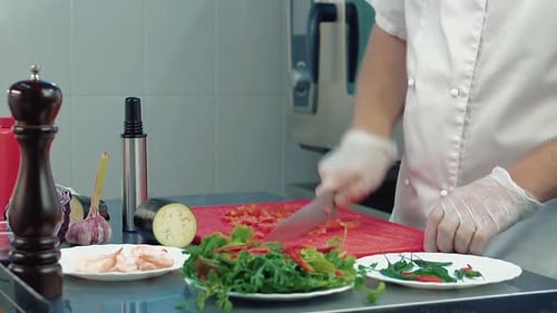 Chef Chopping Fresh Vegetables in Restaurant Kitchen