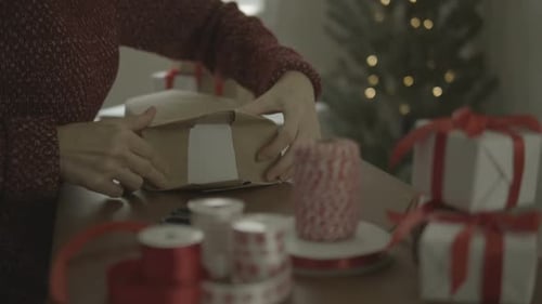 Woman Wrapping Christmas Present at Home