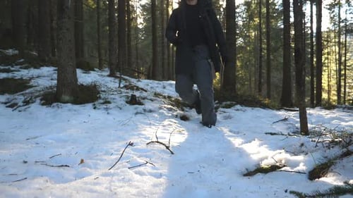Low Angle View of Young Hiker Walking Towards Camera in Mountain Forest at Sunny Day