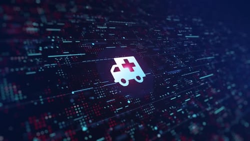 Digital Ambulance Icon with Futuristic Data Flow Background