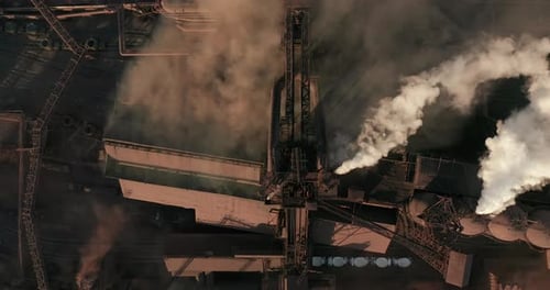 Air Pollution. Clouds of Smoke Coming From the Chimneys of the Plant. Drone Flying Over Smoking