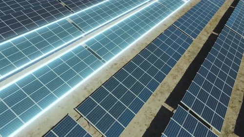Aerial view of Solar Panels Farm with animation graphics of flowing energy lines