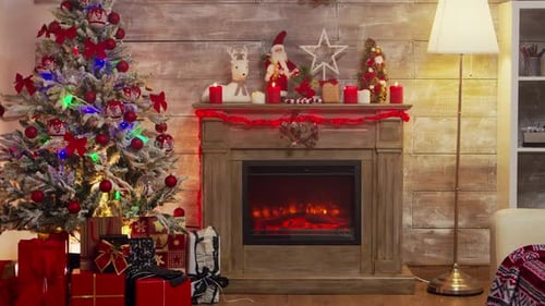 Festive Christmas Tree and Fireplace Scene