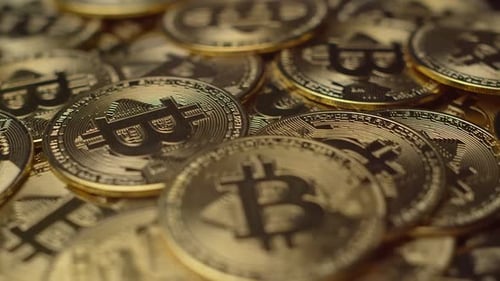 Close Up of Gold Bitcoin Cryptocurrency Coins