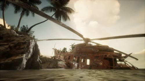 Ancien hélicoptère militaire rouillé près de l'île