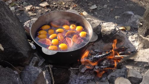 Un chaudron avec des fruits cuits est chauffé sur le feu de joie du camping