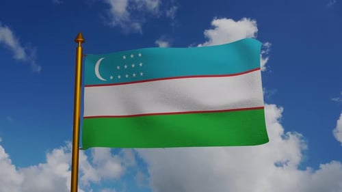 Uzbekistan National Flag Waving in Blue Sky