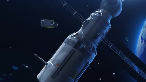 Weltraummüll, der im Weltraum in einer Umlaufbahn der Erde zwischen Satellitensystem und Satelliten fliegt