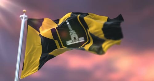 Waving Black and Yellow Checkerboard Flag with Tower Logo