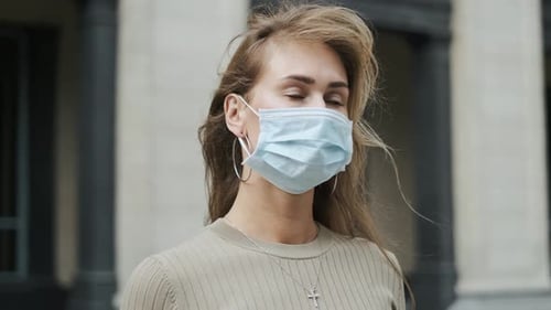 Masked Girl Closeup Stand Italy Street Coronavirus. Woman Near Theater Covid-19.