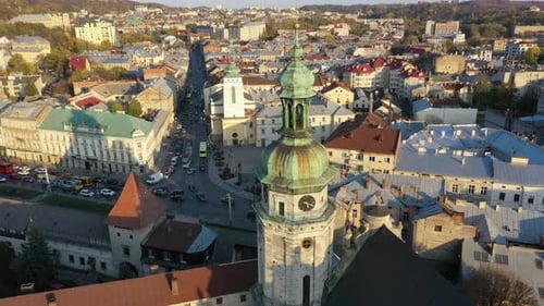 Aerial Video of Church in Central Part of Old City of Lviv, Ukraine