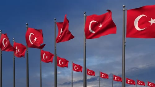Waving Turkish Flags Animation Against Blue Sky