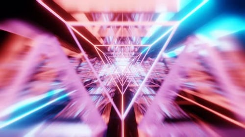 Flying speed through glowing colorfull neon and mirrors creating a tunnel