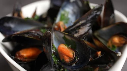 Fresh Mussels Garnished with Greens in Bowl