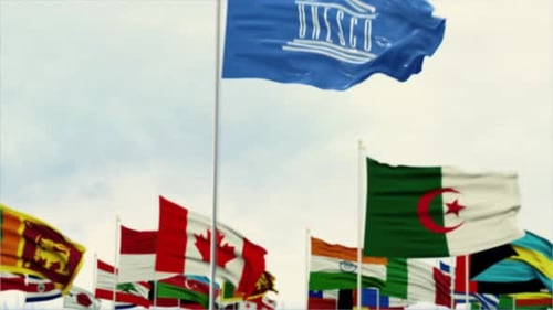 International Flags Waving with UNESCO Organization Flag Reveal