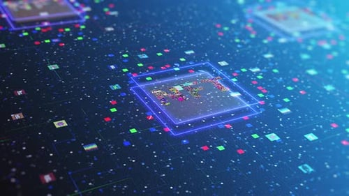 Futuristic Glitch Text Reveal on Digital Circuit Board