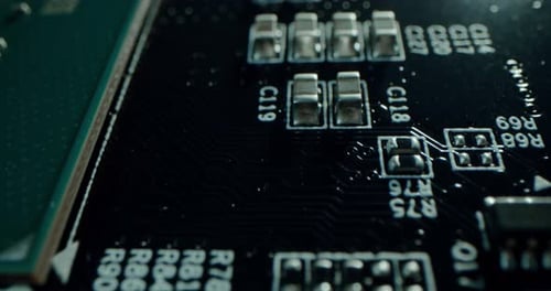 Macro Dolly Shot Side View of a Computer Electrical Circuit with Cip Slots Microchip and