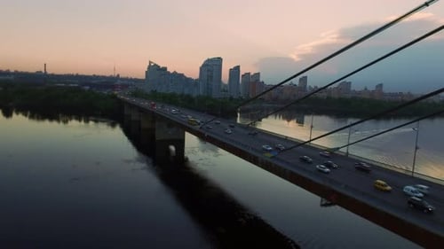 Car Moving on Suspension Bridge. Drone View Car Traffic on Hanging Bridge