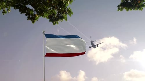 Waving Flag with Airplane Flying Over City Skyline
