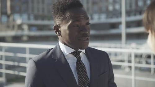 Close-up Portrait of Confident African American Businessman Talking Outdoors with Caucasian
