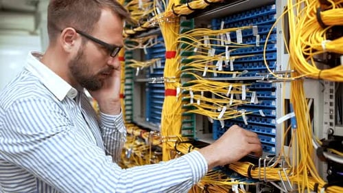 Technician Talking on Phone While Working on Server