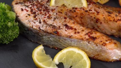 Grilled Salmon Steaks with Broccoli and Potatoes