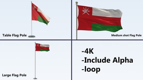 Oman Flag Waving on Different Flagpoles with Alpha Channel