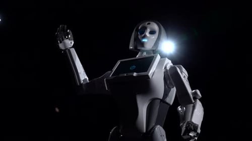 Der Roboter spricht und wiederholt verschiedene Bewegungen. Schwarzer Hintergrund
