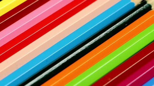 Top of Line of Colored Pencils on Black, Reflection, Rotation