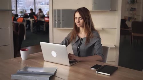 Femme d'affaires séduisante travaille avec ordinateur sur le lieu de travail au bureau