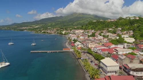 Aerial of houses and boats moored on Caribbean Coast, Saint-Pierre
