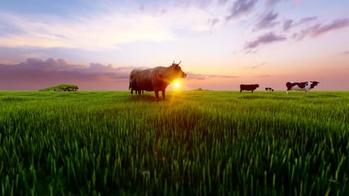 Oxen and Cows Grazing on Green Field