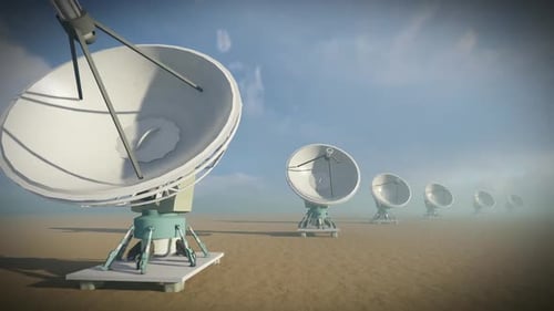 3D Animation of Satellite Dishes Rotating in Desert