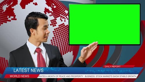Live News Studio With Asian Male Anchor Reporting On A Story, Uses Green Chroma Key Screen