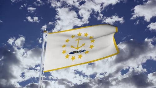 Rhode Island State Flag Waving Against a Cloudy Blue Sky