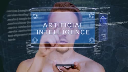 Futuristic Holographic Interface Displaying Artificial Intelligence Text