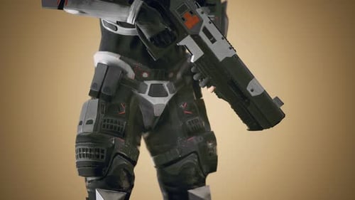 Soldat futuriste en armure d'acier avec le pistolet Cyber Punk