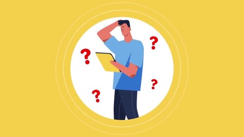 Confused Man Holding Tablet with Question Marks Flat Design Animation