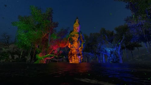 Dynamic Colorful Lights On Stone Statue In Night Forest