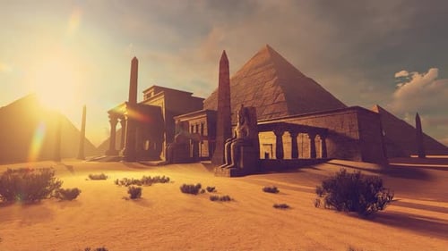 Pirámide, templo y estatuas antiguas