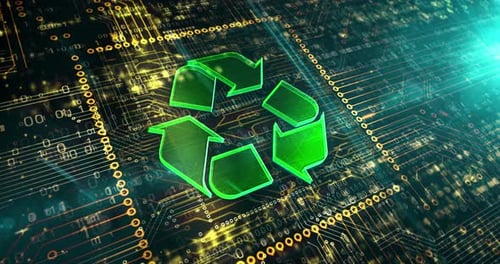 Digital Recycling Symbol on Futuristic Circuit Board Loop