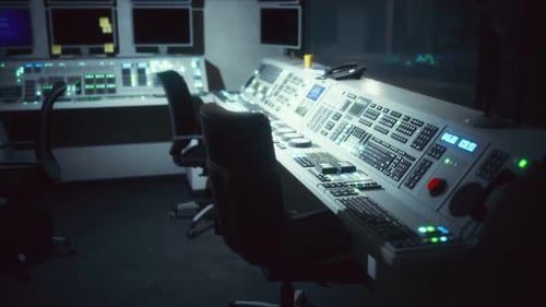 Futuristic Control Room Desk with Blinking Lights and Operational Data