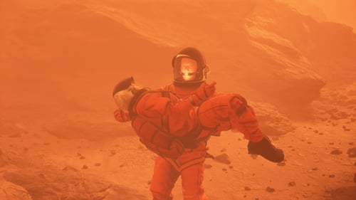Astronaut Rescues Injured Companion on Mars Surface