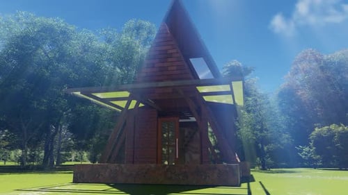 Modern A-Frame House Animation in Natural Setting