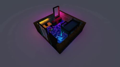 Retro 3D Isometric Room with Dynamic Neon Lighting Animation