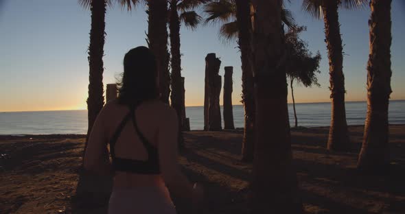 Woman Running Through Tree Trunks On Beach, People Stock Footage ft ...